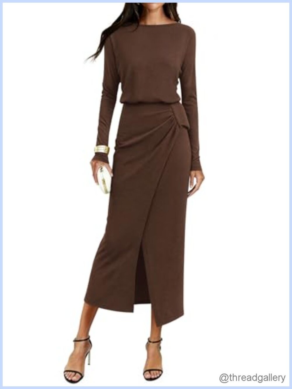 Long Sleeve Wrap Ruched Knit Maxi Dress Boat Neck Slit Cocktail Wedding Guest